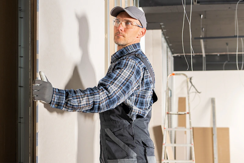 Worker lifting a panel of sheetrock onto the wall.